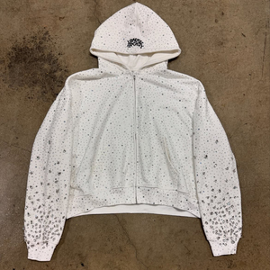 <b>White</b> Rhinestone Crop Hoodie <b>Zip</b>-<b>Up</b> Oversized Fleece Unisex Streetwear Hooded Sweatshirt Dot Pattern Regular Sleeve - Product Image 1