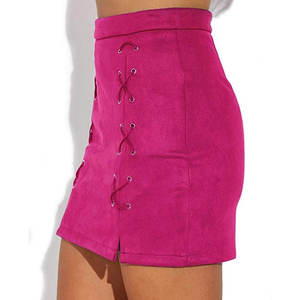 Minifalda ajustada de gamuza sintética con cordones y cintura alta clásica para mujer, color rosa intenso - Product Image 1