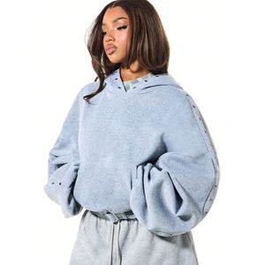 Sweat à capuche zippé décontracté personnalisé grande taille brodé en coton pour femme, style oversize, avec strass et œillets métalliques - Product Image 1