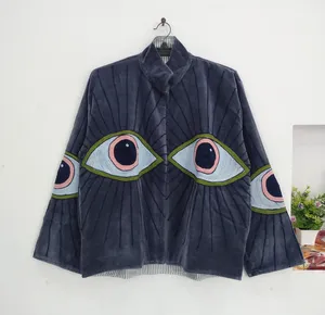 Veste en velours brodée Suzani faite à la main pour femme, col montant, motif œil porte-bonheur, style bohème ethnique, mode décontractée, vêtement d'extérieur vintage - Product Image 2