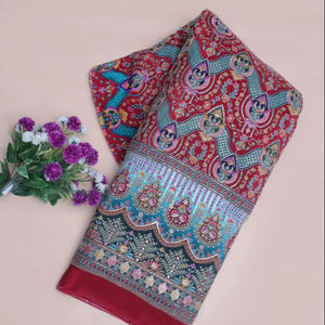 Tissu en crêpe naturel marron à imprimé floral géométrique ethnique avec bordure ornementale épaisse pour la confection de robes Kurti - Product Image 1