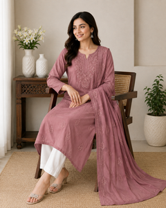 Kurti ethnique rose poudré brodé à la main Chikankari pour femme, coupe droite, motif floral exclusif - Product Image 2