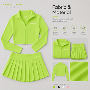 Ensemble de tennis respirant en maille pour femme avec jupe-short zippée, extensible, léger et ajusté, vert - Product Image 5