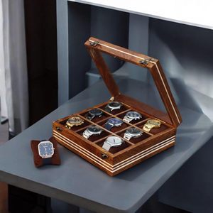 Boîte de rangement pour montres AHTE MANUEXPO UR-065 pour hommes, en bois, 12 emplacements, luxe, bois de rose indien, organisateur de montres fait main, coussinets en velours - Product Image 3