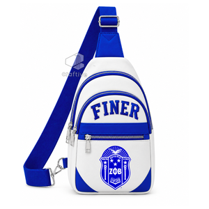 Bolso Bandolera de Cuero PU con Bloques de Color Blanco y Azul de la Hermandad Zeta Phi Beta, Correa Ajustable, Múltiples Compartimentos - Product Image 1