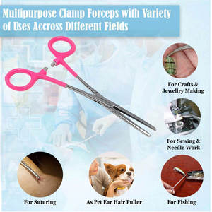 Stainless Steel 6 Inch Curved Serrated Hemostat Forceps With Pink <b>PVC</b> Grip And Locking Ratchet For Jewelry Making - Product Image 2