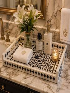 Unique Design Luxury Marble Pattern Rectangular Tray With <b>Black</b> White Pattern For <b>Bathroom</b> Decorative Storage <b>Bathroom</b> Set - Product Image 1