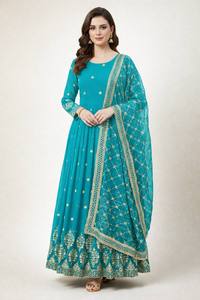 Costume Anarkali traditionnel pour femmes, couleur turquoise, avec dupatta brodée d'or, coupe ample, style indien pakistanais, longueur au sol - Product Image 1