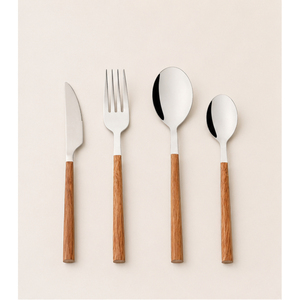 Ensemble de couverts en acier inoxydable avec manches en bois naturel, ensemble de couverts pour hôtel 5 étoiles et restaurant, vaisselle personnalisable avec logo - Product Image 1