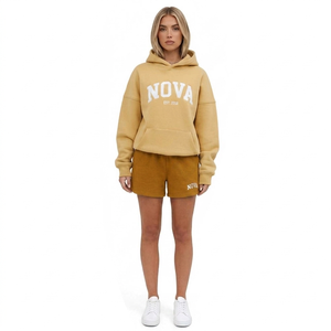 Conjunto de Sudadera con Capucha y Pantalones Cortos para Mujer, de Forro Polar, Casual, de Dos Piezas, por Encima de la Rodilla, Ajuste Holgado, con Estampado de Letras, Sudadera con Bolsillo, para Primavera y Verano - Product Image 4