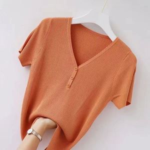 Camiseta de punto para mujer, cuello en V, manga corta, transpirable, con decoración plisada, color sólido, corte holgado, estilo casual, para primavera y verano - Product Image 4