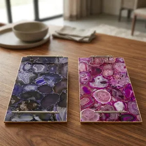 Plateau en agate marbrée fait main, plateau de service décoratif en pierre avec poignées métalliques à bord doré pour la décoration de la maison, table basse et salle à manger - Product Image 5