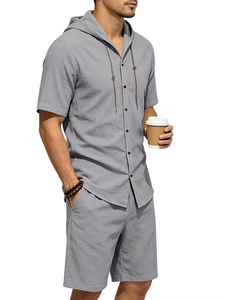 Men Solid Color Breathable Knitted Hooded Short Sleeve Shirt Set Button-Up Top Elastic Waist Shorts Casual Summer Outfit - Product Image 2