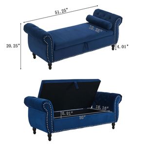 Panca Ottomana Rettangolare in Velluto Blu Navy con 1 Cuscino, Sgabello Multifunzionale con Contenitore e Pouf - Product Image 4