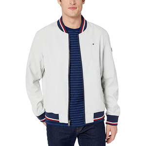 2026 Eco-Friendly <b>Men's</b> <b>White</b> With Navy Red Trim Zipper Front Casual Outerwear Breathable Bomber <b>Jacket</b> Is Available For Sale - Product Image 1
