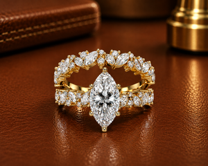Anillo de compromiso de doble banda con diamante cultivado en laboratorio de corte marquesa de oro puro de 14K, anillo de boda con detalles redondos para mujer, joyería. - Product Image 1