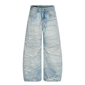 Jean large vintage délavé imprimé 3D effet éclaboussures étoiles pour homme – Coupe ample et incurvée style streetwear - Product Image 3