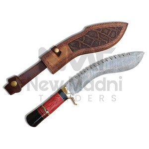 Cuchillo de Caza de Acero de Damasco con Hoja de Punta Caída, Mango de Madera, Borde Dentado y Funda de Cuero - Cuchillos a Precio Económico - Product Image 1