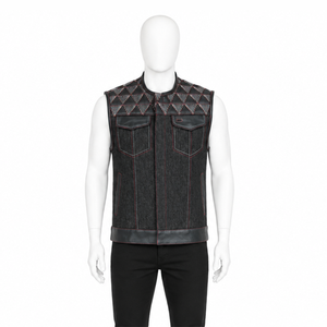 Premium Men's Black Denim Motorcycle Vest Leather Patchwork Biker Waistcoat <b>Punk</b> Streetwear Embroidery Sleeveless Denim <b>Jacket</b> - Product Image 1