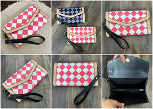 Portefeuille long en cuir à carreaux rose tendance, en cuir véritable, blocage RFID, organisateur de cartes de crédit pour femmes, pochette à poignet - Product Image 3