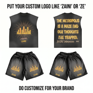 Conjunto de Verano Premium de Punto, 300 GSM, Algodón, Sin Mangas, Corto, Tejido Grueso, Negro, Estilo con Logotipo Personalizado Desgastado - Product Image 1