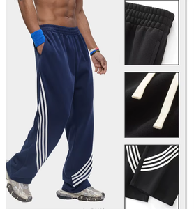 Pantalon de survêtement bleu marine pour homme avec bandes latérales blanches, taille élastique, pantalon de sport décontracté, tissu tricoté mi-lourd, vêtements d'automne - Product Image 1