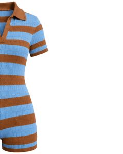 Mono de punto a rayas azul cielo y marrón para mujer, manga corta, cuello polo, informal de verano, de una pieza, ajustado, diseño personalizado - Product Image 4