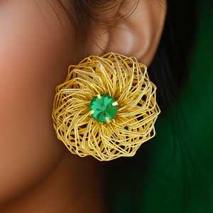 PRAO Fine <b>Stud</b> <b>Earrings</b> Anti-Tarnish Golden Nest <b>Emerald</b> Elegant and Luxurious Style - Product Image 2