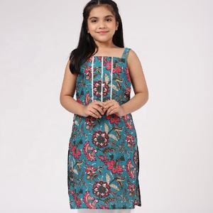 กางเกงเคอร์ตาแขนกุดผ้าฝ้ายทรงตรงสำหรับเด็กทำด้วยมือสีฟ้าแบบอินเดีย - Product Image 1