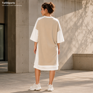 Oversized <b>Maxi</b> <b>T</b> <b>Shirt</b> <b>Dress</b> Women Beige Color Block Casual Loose Fit Natural Waist Cotton Blend OEM ODM Private Label All - Product Image 2