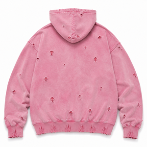 Sweat-shirt à capuche zippé rose vieilli pour homme, en molleton de coton oversize, style streetwear déchiré, fermeture éclair intégrale, décontracté, vente en gros - Product Image 3