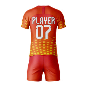 Custom Soccer Jersey Shorts Set Sublimated V Neck Short Sleeve Red Yellow Geometric Pattern Unisex Adult's <b>Athletic</b> Fit Uniforms - Product Image 3
