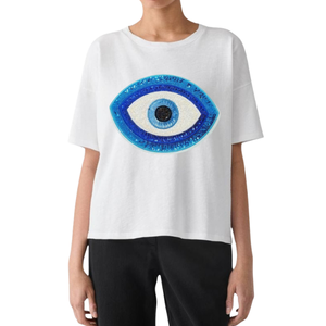 Camiseta Casual de Algodón 100% Transpirable con Bordado de Patchwork Aeronáutico y Cuentas para Mujer, Lista para Enviar - Product Image 5