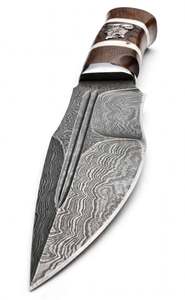 Couteau utilitaire artisanal en acier Damas à pointe tombante, emblème loup, manche en bois et os - Product Image 5