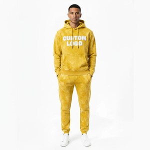 Ensemble survêtement homme jaune moutarde délavé avec logo personnalisé, sweat à capuche et pantalon de jogging en molleton épais, style streetwear, service OEM - Product Image 1
