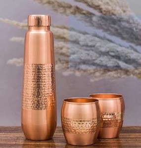 Copper Water Bottle Set Double Wall Sublimated <b>Drinkware</b> Hammered 3 Piece Gift Set for Office Home Travel - Indian Home Crafts - Product Image 1