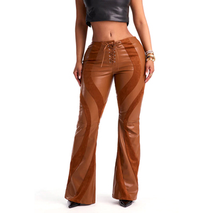 <span class=keywords><strong>Pantaloni</strong></span> da Donna Vintage in <span class=keywords><strong>Pelle</strong></span> PU Marrone Chiaro a Vita Alta con Pannelli Patchwork, Stile Western Sexy per Streetwear e Clubwear - Product Image 1