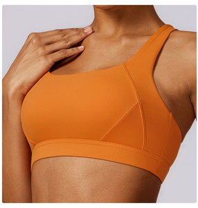 Soutien-gorge de sport orange sans coutures pour femme, col ras du cou, dos nageur, maintien élevé, respirant, pour le yoga, couleur unie, en tissu extensible avec dentelle - Product Image 1