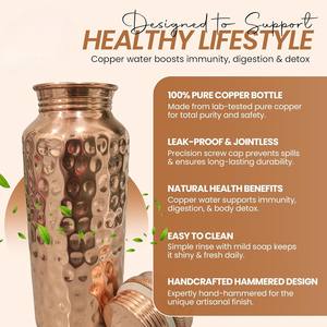 Bouteille d'eau en cuivre pur à 100 %, 600 ml (20 oz), gobelet anti-fuite, eau alcaline ayurvédique naturelle, bouteille en cuivre martelé - Product Image 5