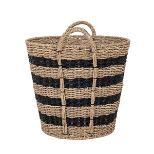 Panier de rangement bohème en jonc de mer tressé à la main avec motif rayé noir, panier à linge naturel tissé pour la décoration intérieure - Product Image 5