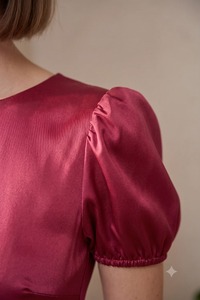 Vestido corto de lino para mujer, color burdeos, cuello redondo, manga corta abullonada, cintura ajustada, línea A, color liso, informal, para verano. - Product Image 3