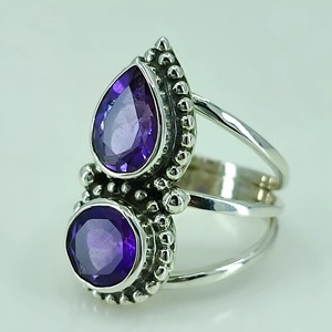 Amethyst <b>Ring</b> Handmade Sterling Silver Bezel Setting Natural Purple Pear & Round Gemstone <b>Boho</b> Jewelry February Birthstone - Product Image 6