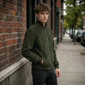 <b>Mens</b> Olive Green <b>Suede</b> Bomber <b>Jacket</b>, Handmade Leather Trucker Coat, Ribbed Collar Cuffs, Zip Up Casual Outerwear, Gift for Him - Product Image 3