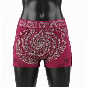 Shorts pour femmes en coton premium extensible avec tissu spandex, couleur vin, strass thermocollés, logo personnalisé - Product Image 4