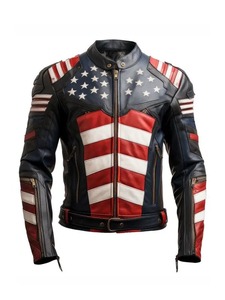 เสื้อแจ็คเก็ตหนังสไตล์คาเฟ่เรเซอร์ลายธงชาติอเมริกาสำหรับผู้ชาย - Product Image 1
