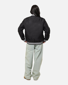 <b>Women</b> Varsity <b>Jacket</b> <b>Black</b> Solid Color Contrast Trim Full Sleeve Button Up Collar Polyester Material Autumn Wear - Product Image 6