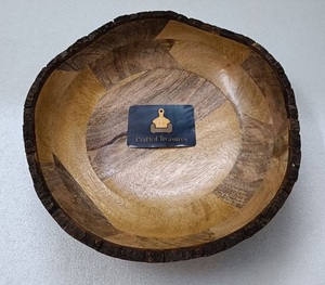 Bol de service artisanal en bois d'acacia naturel avec motif en écorce de mangue, motif uni, bol à salade et à soupe - Vaisselle de cuisine - Product Image 4