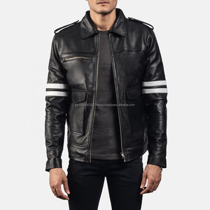 Blouson en cuir pour homme avec bandes blanches Blouson en cuir de mouton personnalisé pour homme Blouson en cuir matelassé - Product Image 2