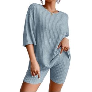 Casual Women's Two Piece <b>Set</b> Short Sleeve O-Neck Top Solid Color Custom Logo <b>Sexy</b> Shorts <b>Set</b> Spandex/Cotton Knitting Breathable - Product Image 1