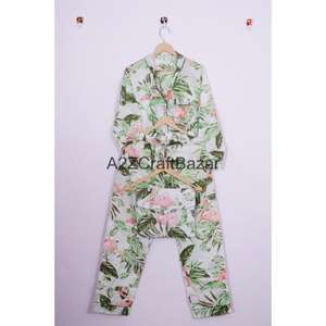 Ensemble de pyjama pour femmes imprimé floral de luxe fait à la main, 100% coton, taille élastique, manches longues, vêtements de nuit d'été, doux et respirant - Product Image 5